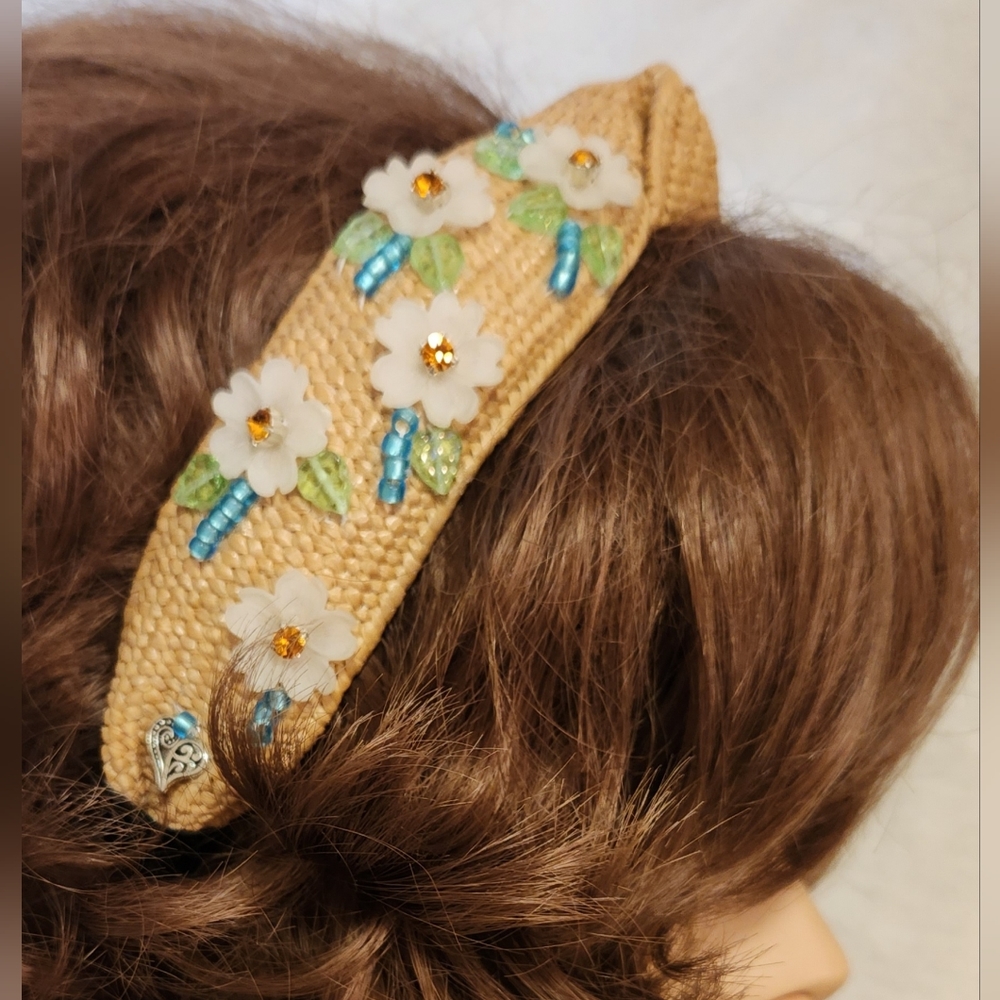 Handbeaded Tan Straw Rattan Beaded Headband One of a Kind